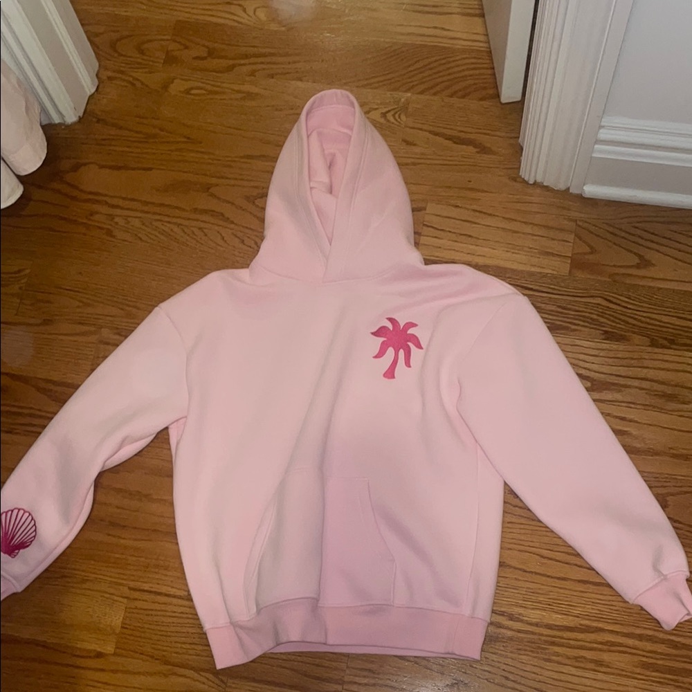 Pink Palm Puff Hoodie with Palm Tree and Shell Design